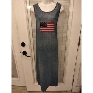 Vintage Agapo Denim Maxi Dress Women Size XL 100% Cotton Blue Embroidery Flag